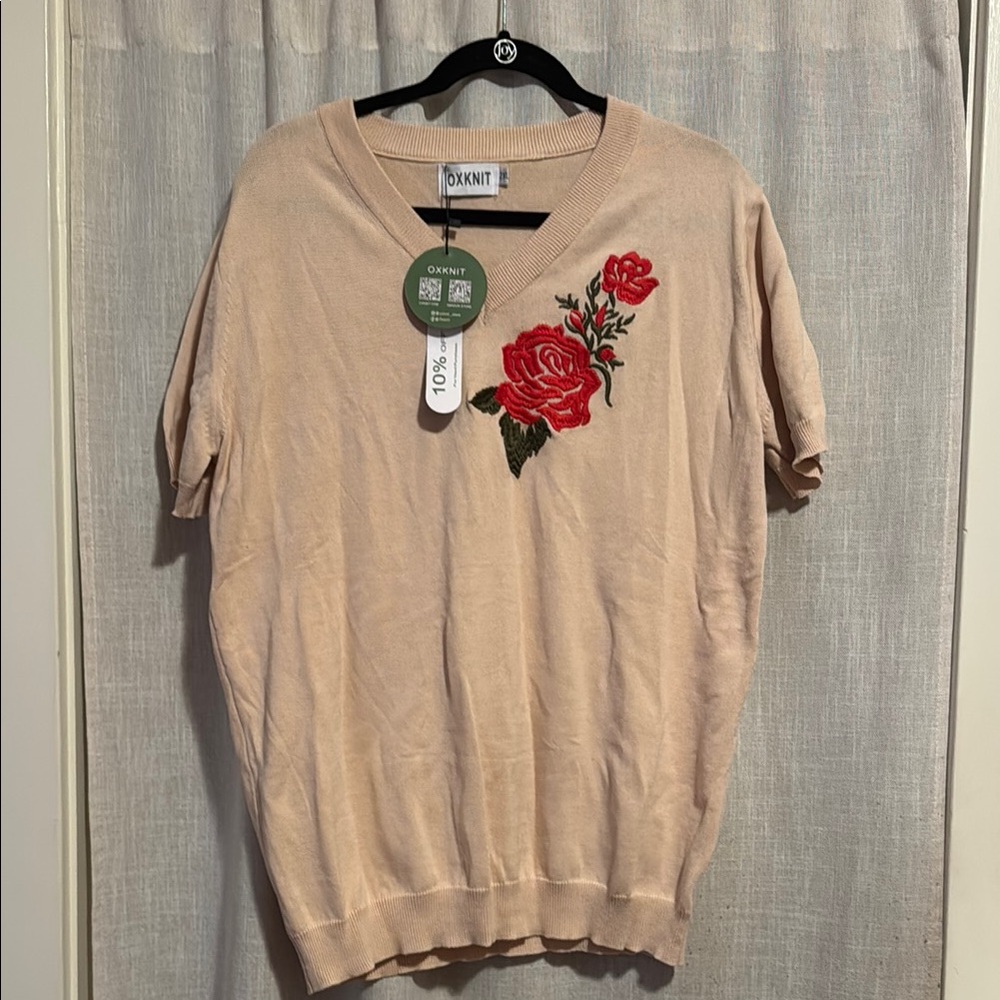 OxKnit Beige Sweater with Red Rose Embroidery